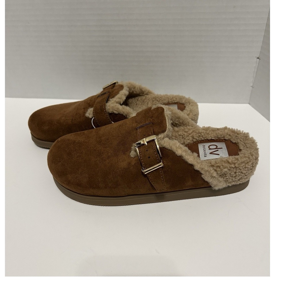 DV Dolce Vita Adriann Cognac Faux Suede Shearling Lined Buckle Clogs Womens 7